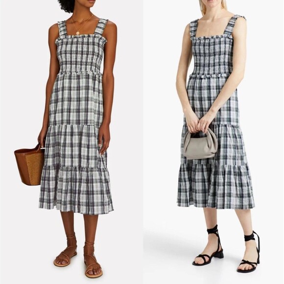 Veronica Beard Ziada Size Small Smocked Plaid Midi Dress Black White Tiered - Picture 12 of 12